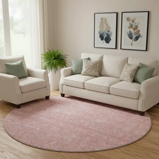 8' Blush And Ivory Floral Washable Round Rug With UV Protection Photo 1