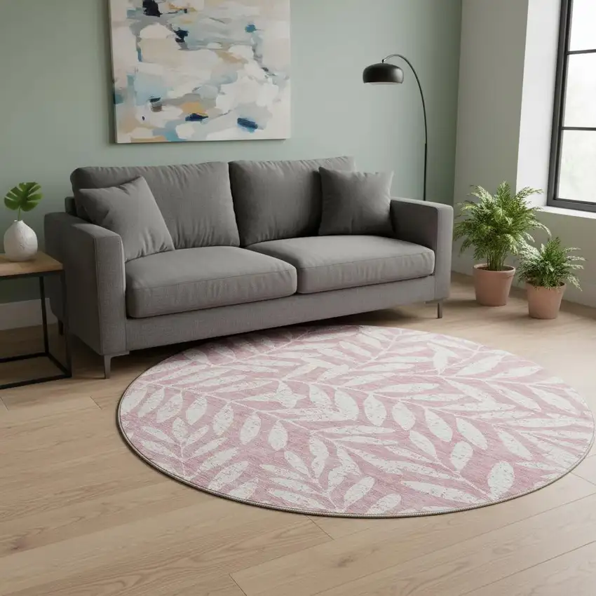 8' Blush And Ivory Floral Washable Round Rug With UV Protection Photo 2