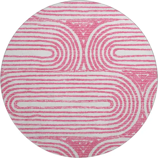 8' Blush And Ivory Geometric Distressed Washable Round Rug With UV Protection Photo 2