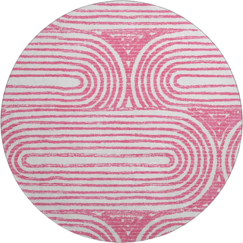 8' Blush And Ivory Geometric Distressed Washable Round Rug With UV Protection Photo 2