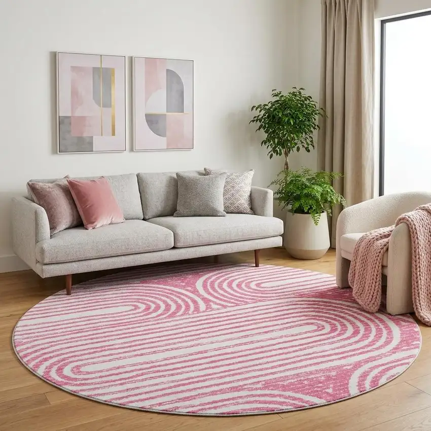 8' Blush And Ivory Geometric Distressed Washable Round Rug With UV Protection Photo 1