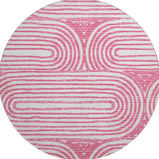8' Blush And Ivory Geometric Distressed Washable Round Rug With UV Protection Photo 3