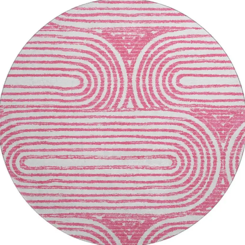 8' Blush And Ivory Geometric Distressed Washable Round Rug With UV Protection Photo 3