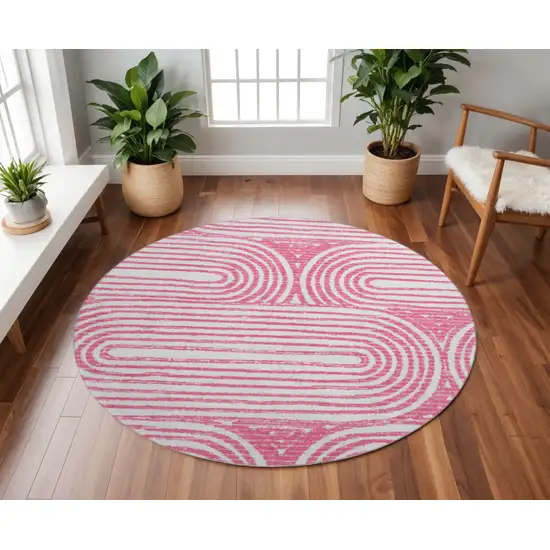 8' Blush And Ivory Geometric Washable Round Rug With UV Protection Photo 2