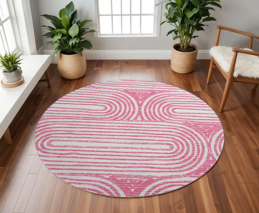 8' Blush And Ivory Geometric Washable Round Rug With UV Protection Photo 2
