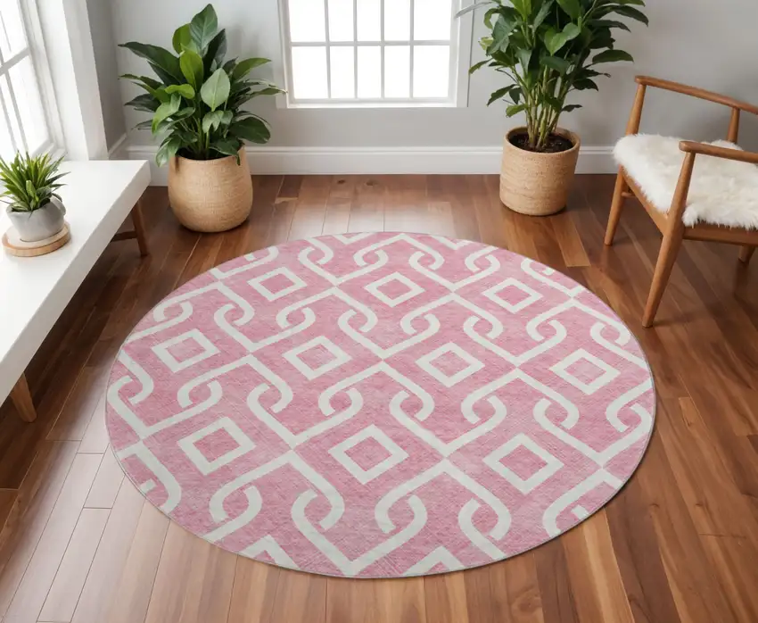 8' Blush And Ivory Geometric Washable Round Rug With UV Protection Photo 2