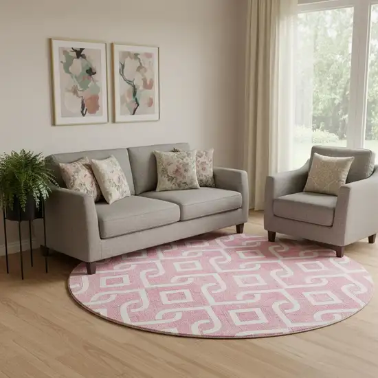 8' Blush And Ivory Geometric Washable Round Rug With UV Protection Photo 1