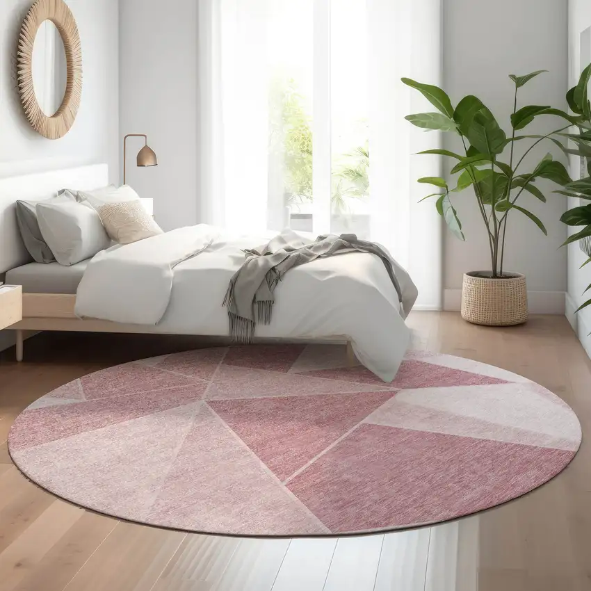 8' Blush And Ivory Geometric Washable Round Rug With UV Protection Photo 5