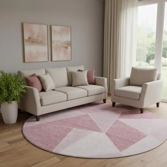 8' Blush And Ivory Geometric Washable Round Rug With UV Protection Photo 1