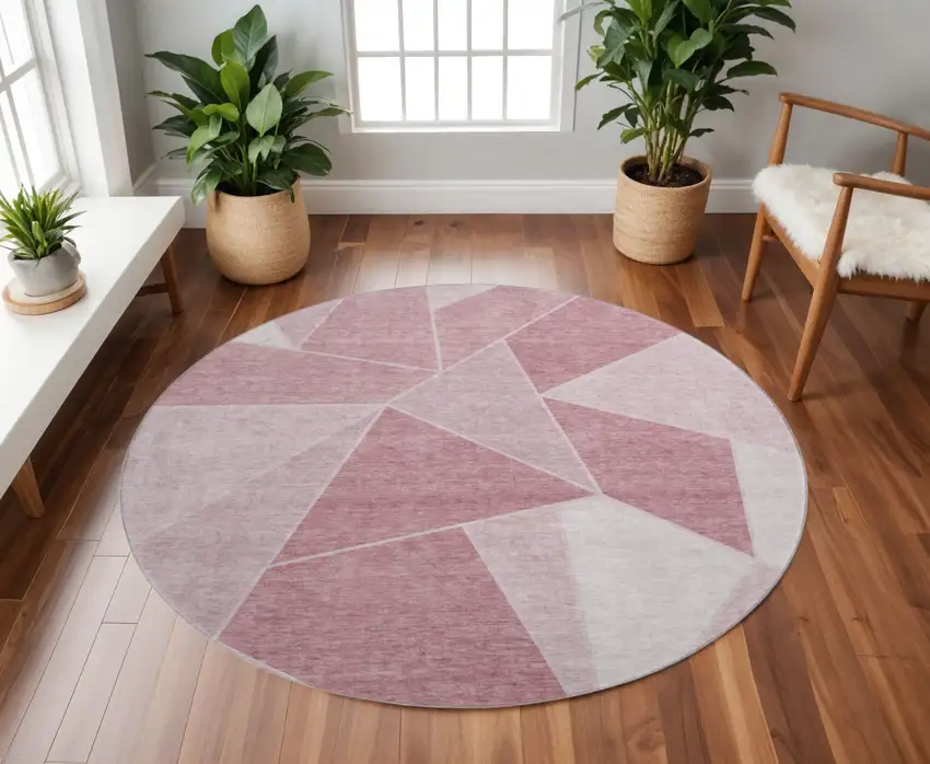 8' Blush And Ivory Geometric Washable Round Rug With UV Protection Photo 2