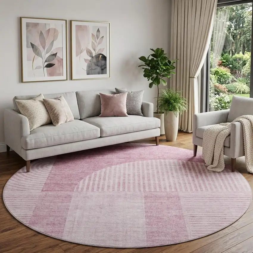 8' Blush And Ivory Geometric Washable Round Rug With UV Protection Photo 1
