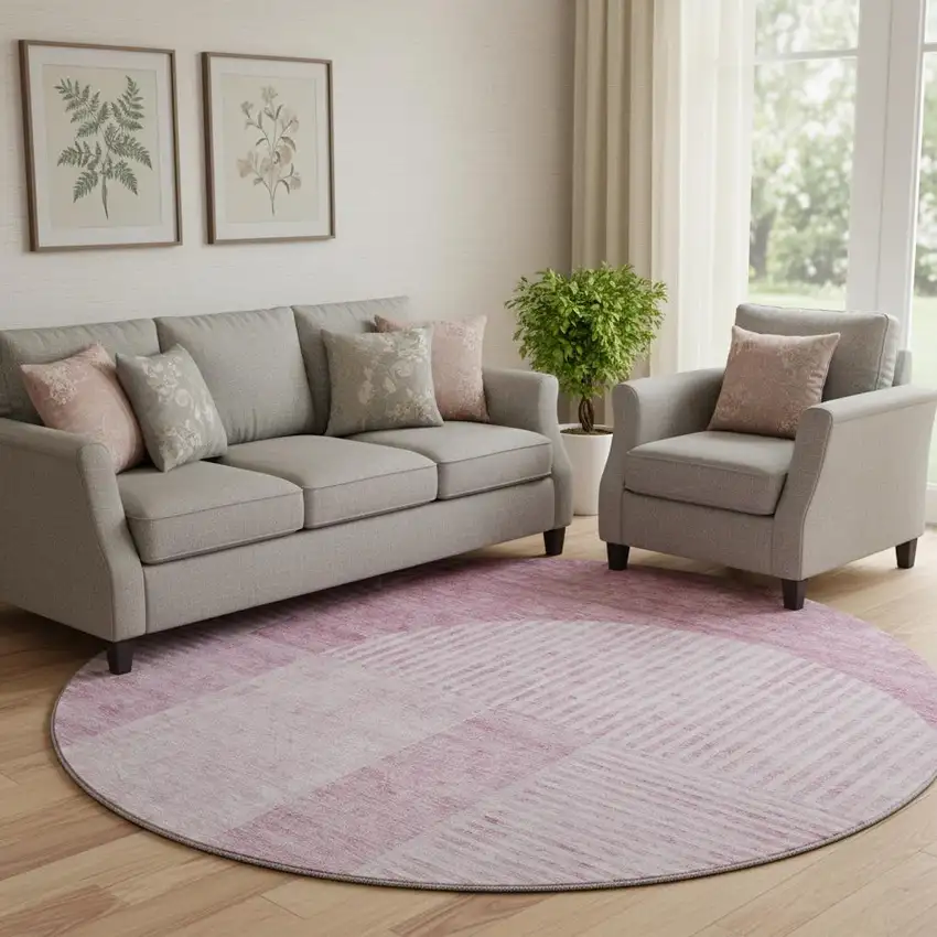 8' Blush And Ivory Geometric Washable Round Rug With UV Protection Photo 1