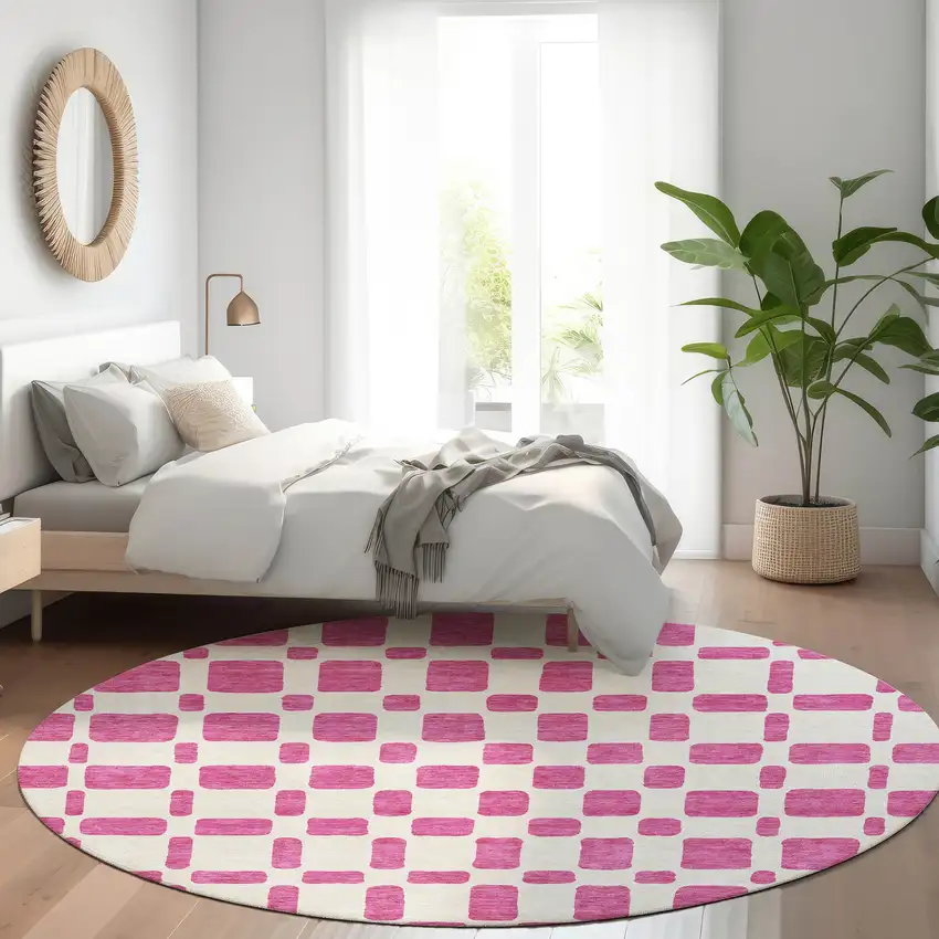 8' Blush And Ivory Geometric Washable Round Rug With UV Protection Photo 4
