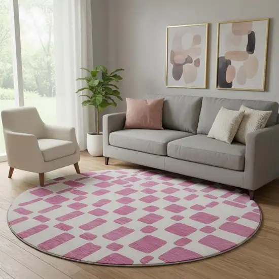 8' Blush And Ivory Geometric Washable Round Rug With UV Protection Photo 1