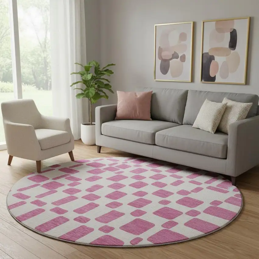 8' Blush And Ivory Geometric Washable Round Rug With UV Protection Photo 1