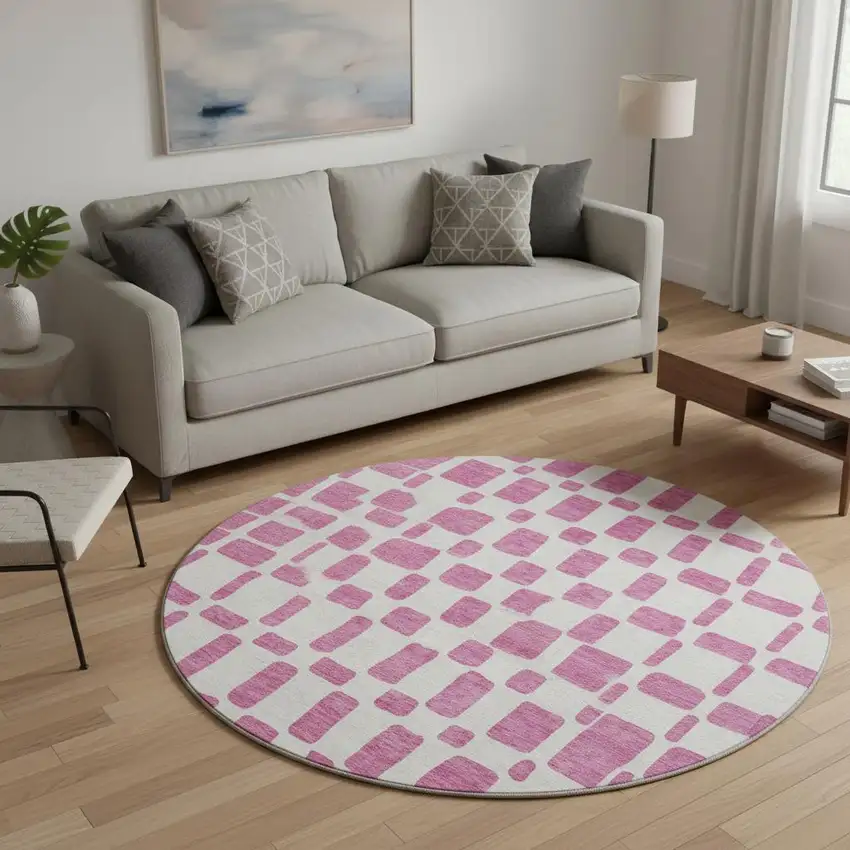 8' Blush And Ivory Geometric Washable Round Rug With UV Protection Photo 2