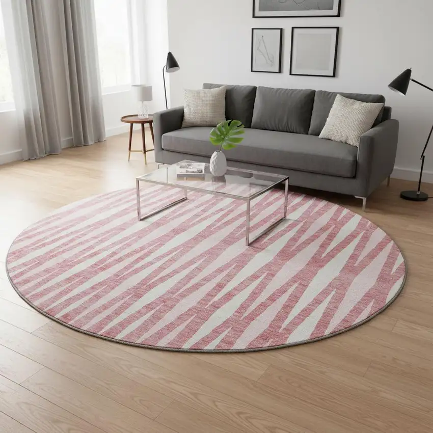 8' Blush And Ivory Geometric Washable Round Rug With UV Protection Photo 2