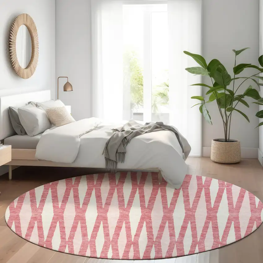 8' Blush And Ivory Geometric Washable Round Rug With UV Protection Photo 5