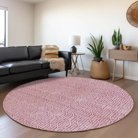 8' Blush And Ivory Geometric Washable Round Rug With UV Protection Photo 4