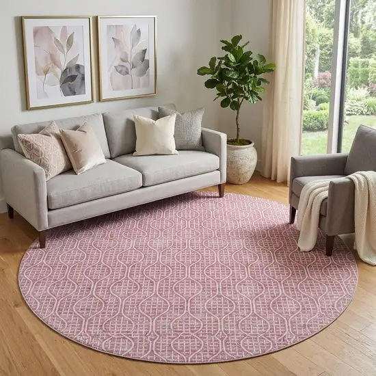 8' Blush And Ivory Geometric Washable Round Rug With UV Protection Photo 1
