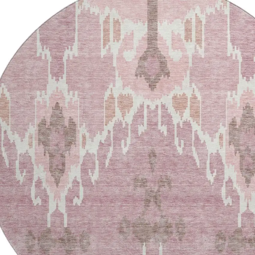 8' Blush And Ivory Ikat Washable Round Rug With UV Protection Photo 3