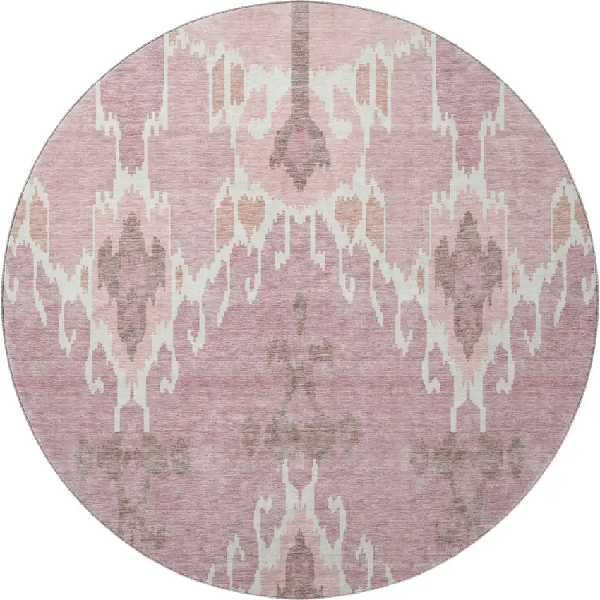 8' Blush And Ivory Ikat Washable Round Rug With UV Protection Photo 4