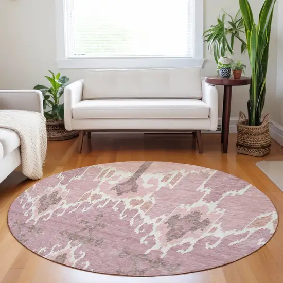 8' Blush And Ivory Ikat Washable Round Rug With UV Protection Photo 5
