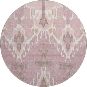 Photo of 8' Blush And Ivory Ikat Washable Round Rug With UV Protection