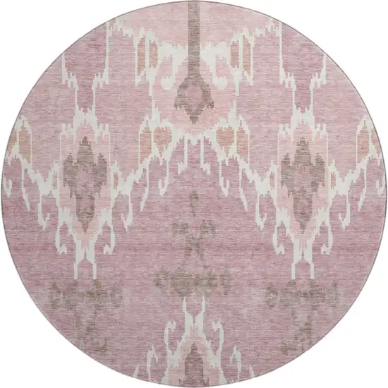 8' Blush And Ivory Ikat Washable Round Rug With UV Protection Photo 1