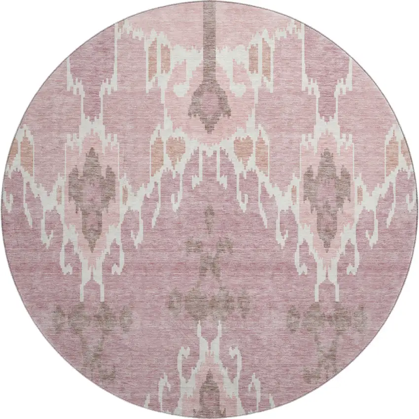 8' Blush And Ivory Ikat Washable Round Rug With UV Protection Photo 1