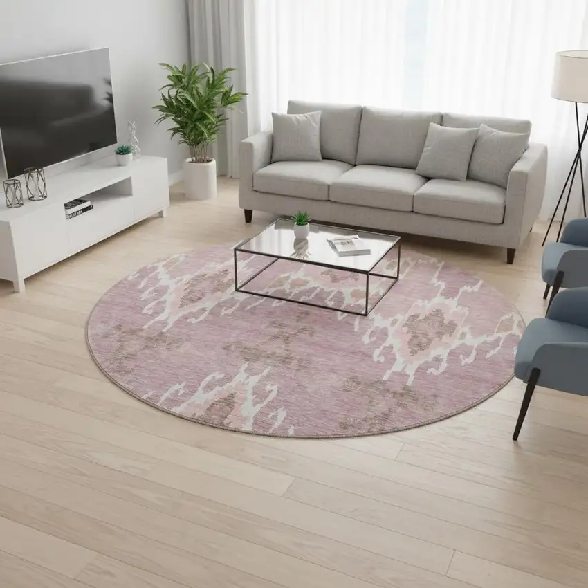 8' Blush And Ivory Ikat Washable Round Rug With UV Protection Photo 2