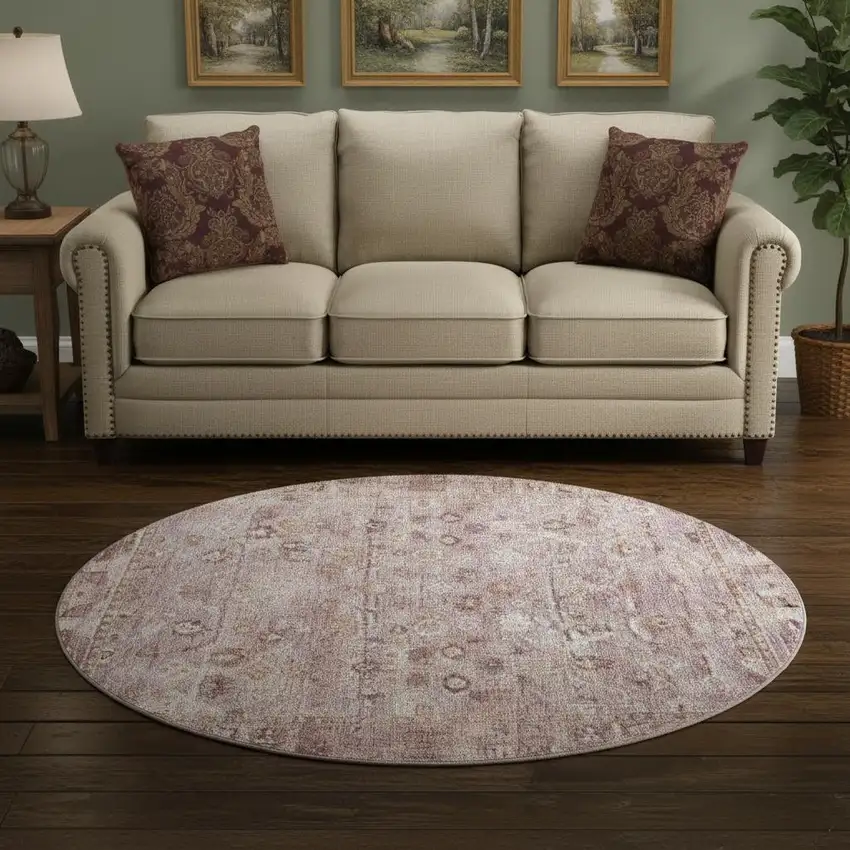 8' Blush And Ivory Oriental Washable Round Rug With UV Protection Photo 2