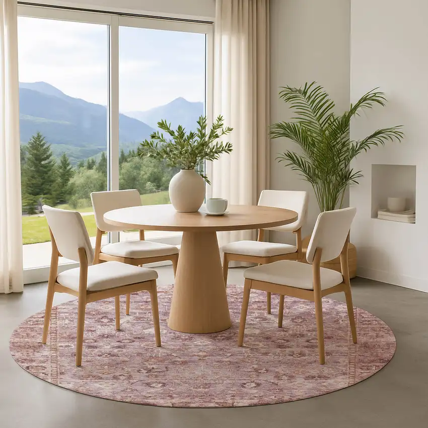 8' Blush And Ivory Oriental Washable Round Rug With UV Protection Photo 4
