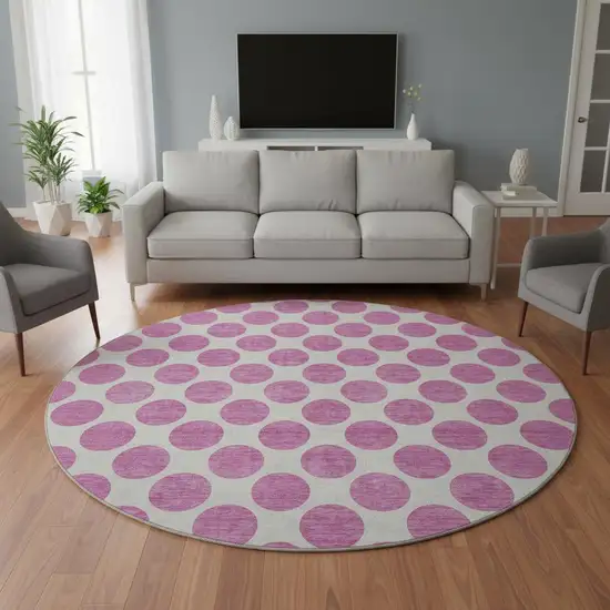 8' Blush And Ivory Polka Dot Washable Round Rug With UV Protection Photo 2