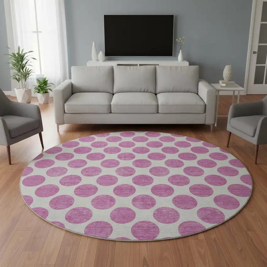 8' Blush And Ivory Polka Dot Washable Round Rug With UV Protection Photo 2