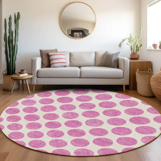 8' Blush And Ivory Polka Dot Washable Round Rug With UV Protection Photo 4