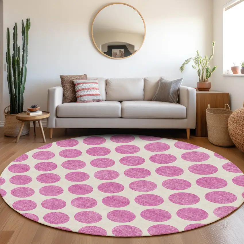 8' Blush And Ivory Polka Dot Washable Round Rug With UV Protection Photo 4