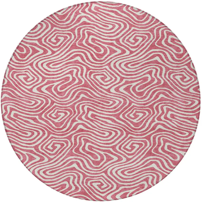 8' Blush And Ivory Round Abstract Washable Indoor Outdoor Area Rug Photo 5