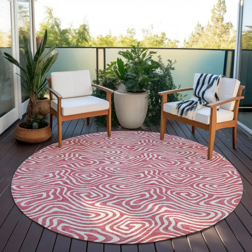 8' Blush And Ivory Round Abstract Washable Indoor Outdoor Area Rug Photo 6