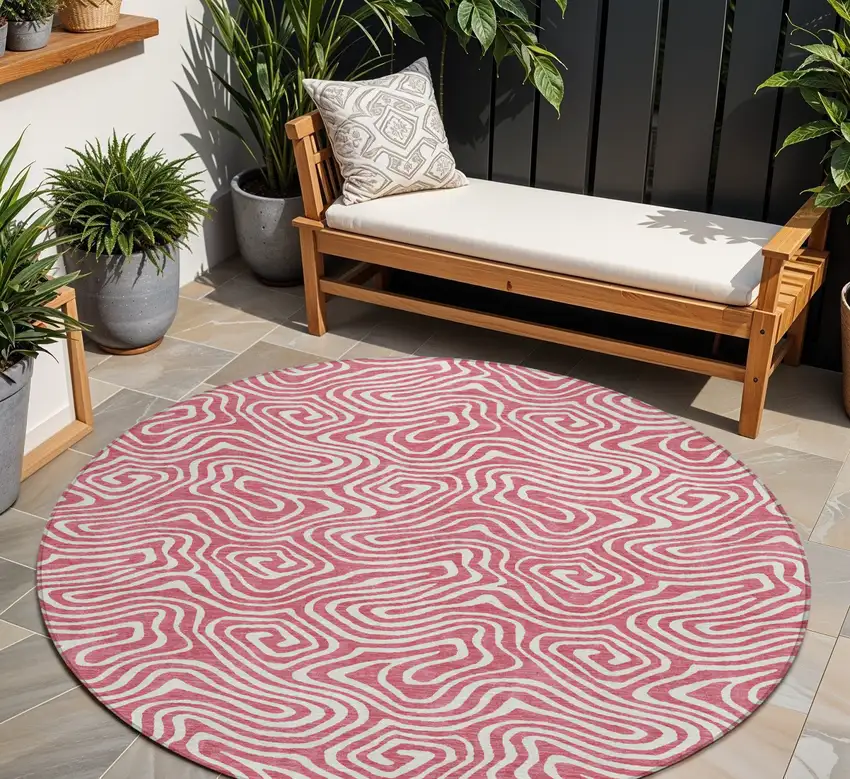 8' Blush And Ivory Round Abstract Washable Indoor Outdoor Area Rug Photo 1