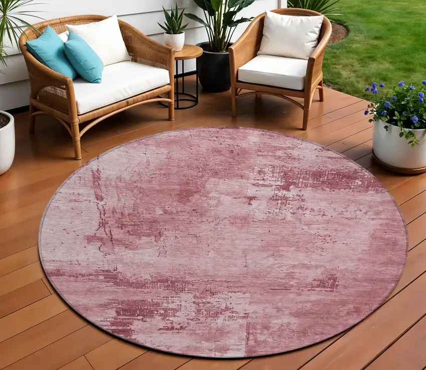 8' Blush And Ivory Round Abstract Washable Indoor Outdoor Area Rug Photo 1