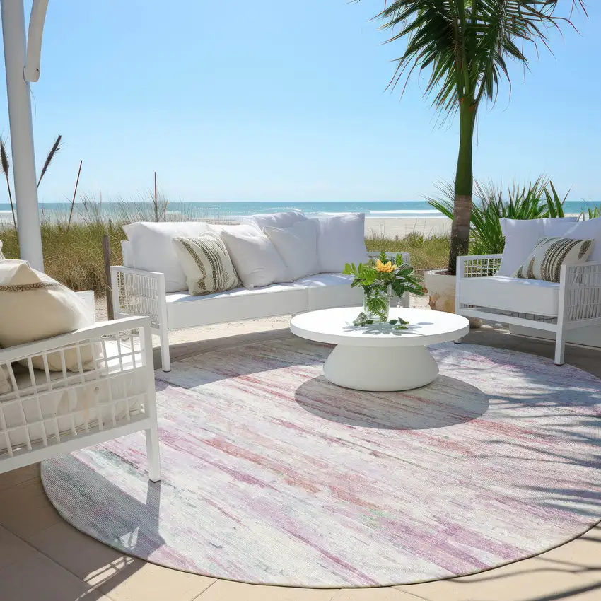 8' Blush And Ivory Round Abstract Washable Indoor Outdoor Area Rug Photo 5