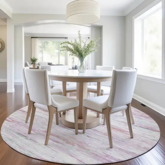 8' Blush And Ivory Round Abstract Washable Indoor Outdoor Area Rug Photo 6