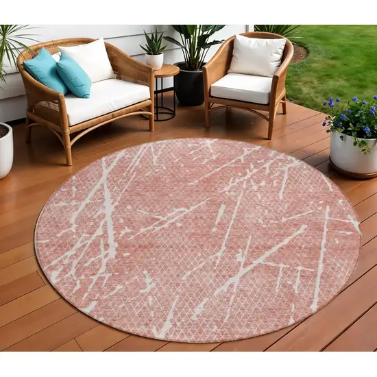 8' Blush And Ivory Round Abstract Washable Indoor Outdoor Area Rug Photo 1
