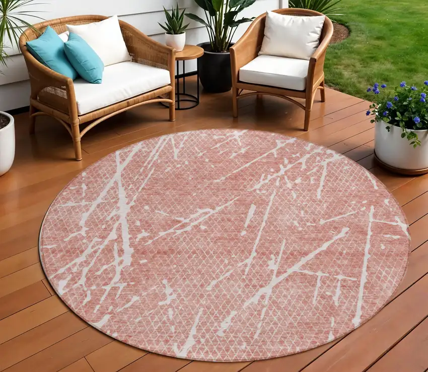 8' Blush And Ivory Round Abstract Washable Indoor Outdoor Area Rug Photo 1