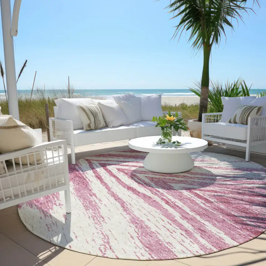 8' Blush And Ivory Round Abstract Washable Indoor Outdoor Area Rug Photo 6