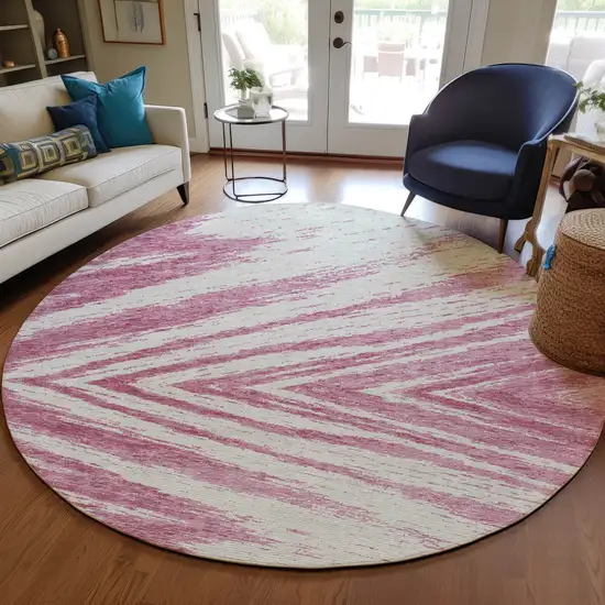 8' Blush And Ivory Round Abstract Washable Indoor Outdoor Area Rug Photo 7