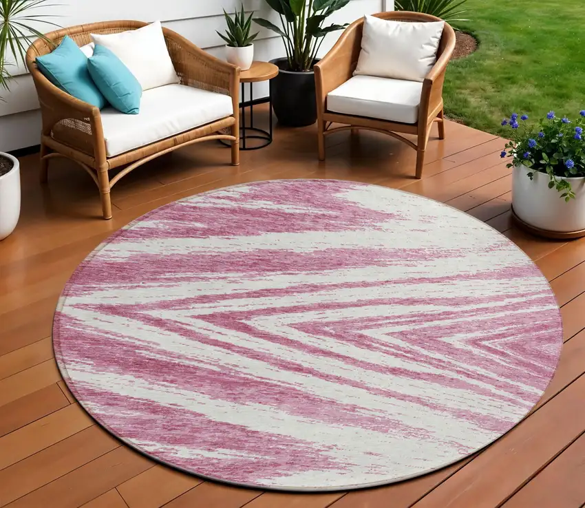 8' Blush And Ivory Round Abstract Washable Indoor Outdoor Area Rug Photo 1