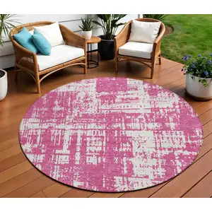 Photo of 8' Blush And Ivory Round Abstract Washable Indoor Outdoor Area Rug