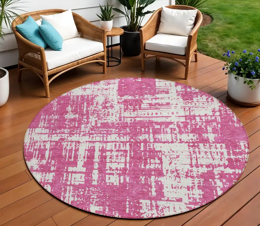 8' Blush And Ivory Round Abstract Washable Indoor Outdoor Area Rug Photo 1